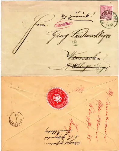 Württemberg 1900, amtl. Verschlussetikett rs. auf unbestellb.Brief v. Stuttgart