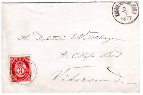 Norwegen 1877, 3 Sk. auf Brief m. Bahnpost-K1 KRANIA-RANDSFJORD II