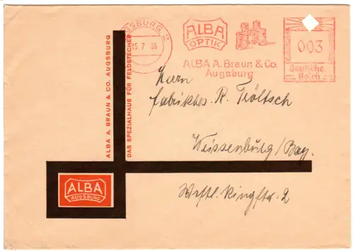 DR 1936, 3 Pf. AFSt. ALBA Optik A. Braun & Co.auf Brief v. Augsburg