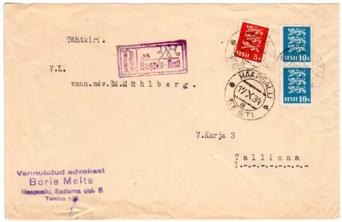 Estland 1934, 5+2x10 S. auf Einschreiben Brief v. Haapsalu.