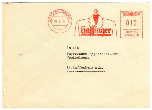 DR 1940, 12 Pf. AFS Hassinger m. Abb. Sacko auf Firmenbrief v. Zwickau