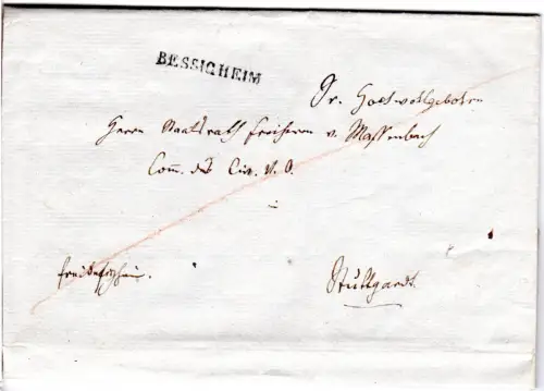 Württemberg 1818, L1 Bessigheim auf gesiegeltem Franko Brief n. Stuttgart