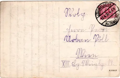 Schleswig 1920, 15 Pf. auf Karte v. Lygumkloster n. Österreich