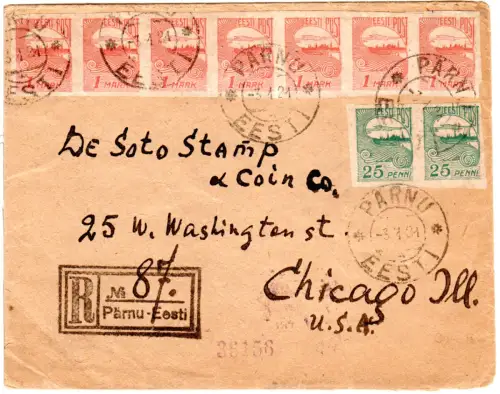 Estland 1921, Paar 25+ 7x1 Mk. auf Einschreiben Brief v. Pärnu i.d. USA