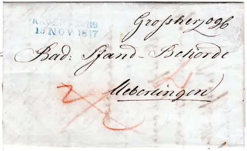 Württemberg 1847, blauer L2 Ravensburg auf Porto Brief n. Überlingen, Baden