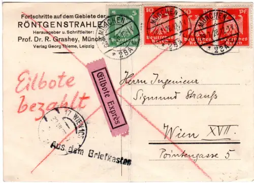 DR 1926, Express-Karte Aus dem Briefkasten v. München Schwabing m. Wien Rohrpost