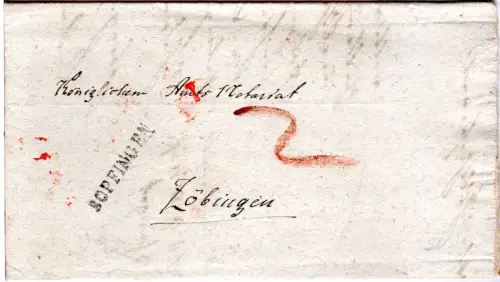 Württemberg 1839, L1 BOPFINGEN auf Porto Brief n. Zöbingen