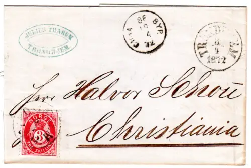 Norwegen 1872, 3 Sk. auf Brief v. Trondhjem m. kleinem Christiania-K1 Chra Byp.
