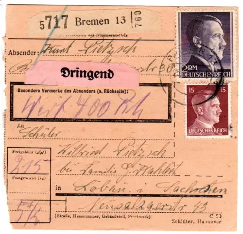 DR 1943, 2 Mk.+15 Pf. auf "Dringend" Wert-Paketkarte v. Bremen