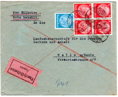 DR 1934, 4+Viererblock 12 Pf. auf Eilboten Brief v. Mühlhausen (Thüringen)