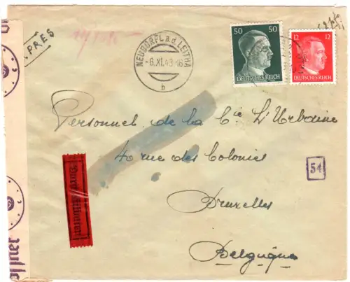 DR 1943, 12+50 Pf. auf Ostmark Eilboten Zensur Brief v. Neudorf n. Belgien