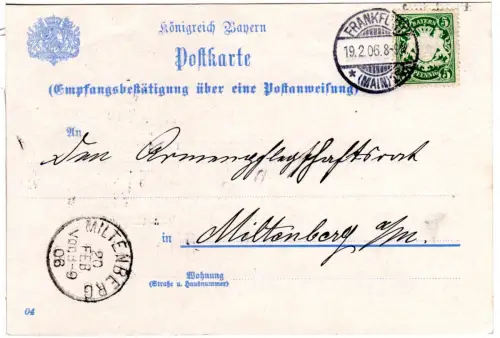 DR 1906, 5 Pf. Bayern auf PA-Empfangsbestätigung v. Frankfurt n. Miltenberg