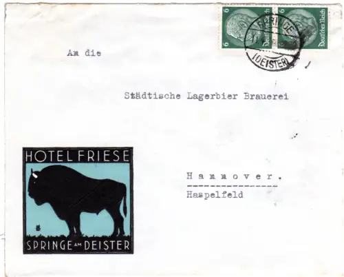 DR 1936, 2x6 Pf. auf Reklame Umschlag Hotel Friese Springe am Deister 