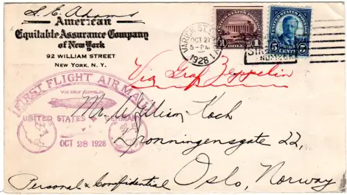 USA 1928, 1 $+5 C. auf Zeppelin Luftpost Brief v. NY Varick St. n. Norwegen