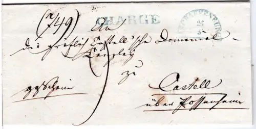 Bayern, blauer HKS Aschaffenburg u. CHARGE auf Einschreiben Brief n. Castell