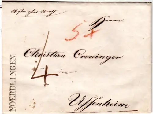 Bayern 1831, L1 Nördlingen auf Muster Ohne Wert Brief n. Uffenheim