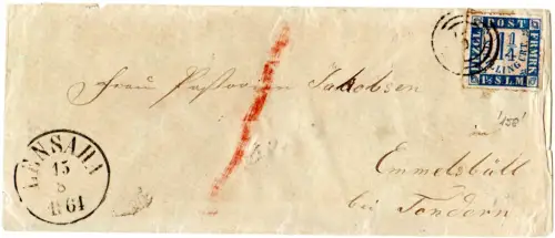 Schleswig-Holstein 1864, 1 1/4 S. auf Brief v. 158 Lensahn n. Emmelsbüll Tondern