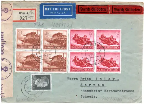 DR 1944, 1+4er-Blöcke 24+12 Pf. auf Reko-Eilboten Luftpost Brief v. Wien i.d. CH