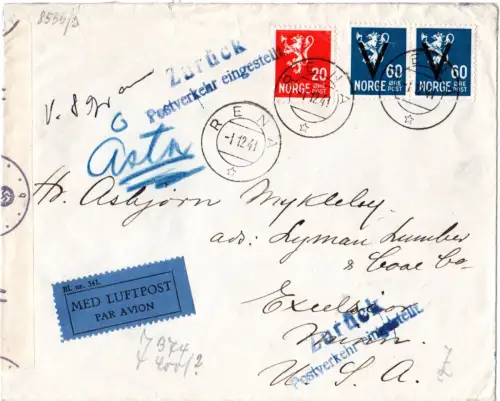 Norwegen 1941, 20+2x60 öre V auf Luftpost Brief v. Rena n. USA. "Zurück..."