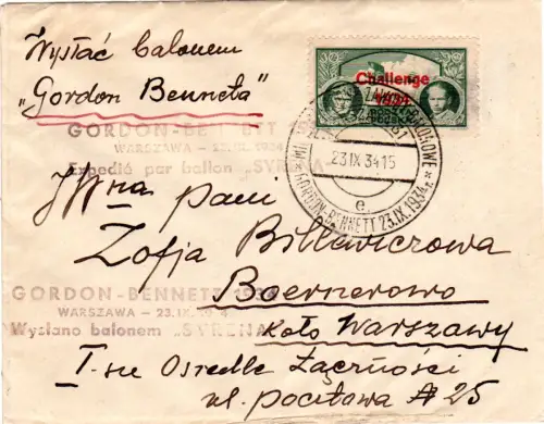 Polen 1934, GORDON BENNETT BALLOON (Syrena) RACE COVER with 30 Gr.