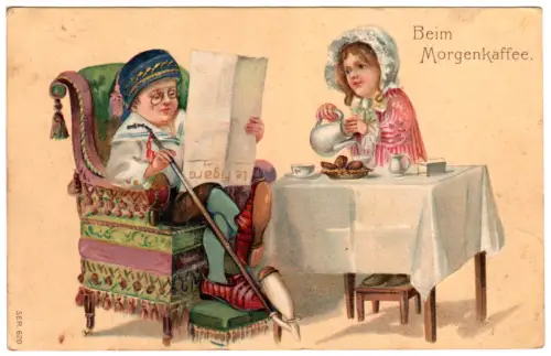 Beim Morgenkaffee mit Tabakpfeife, 1900 gebr. Künstler Präge-Karte