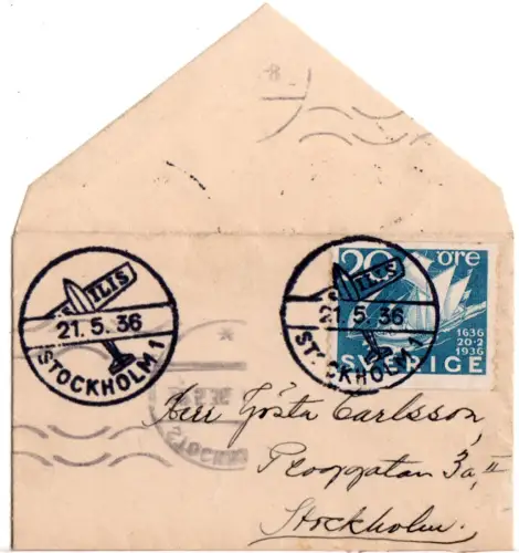 Schweden 1936, Luftfahrt-Ausstellungs-Stpl. Stockholm ILIS auf Brief m. 20 öre