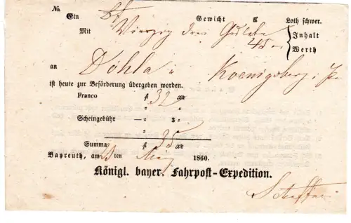 Bayern 1860, Postschein f. eine Wertsendung v. Bayreuth