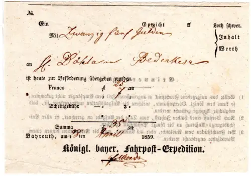 Bayern 1839, Postschein f. eine Wertsendung v. Bayreuth