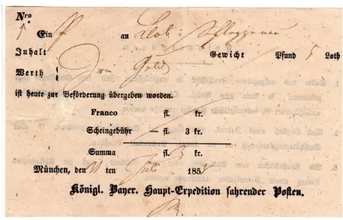Bayern 1858, Postschein f. eine Wertsendung v. München
