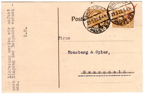 DR 1923, MeF 2x50 T. Mk. m. perfins auf Karte v. Dresden n. Remscheid