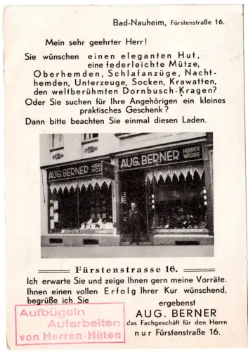Bad Nauheim, Aug. Berner Herrengeschäft, 1932 gebr. sw-Firmenkarte