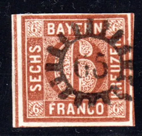 Bayrn 4 II2, breitrandige 6 Kr. braun Typ 2 Pl.2 m. zentr. MR 65. Schöne Marke!