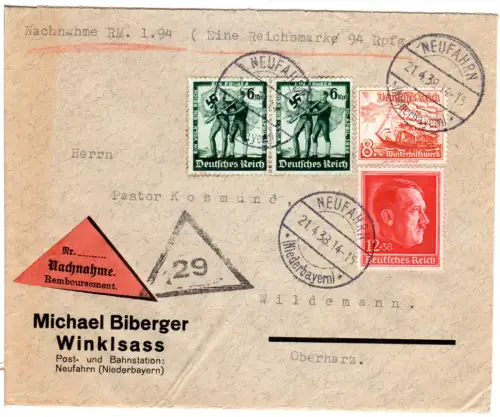 DR 1938, 4 Marken auf Nachnahme Brief v. Winklsass m. Stpl. Neufahrn 