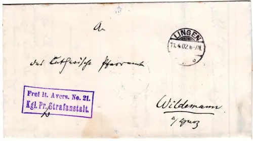 DR 1902, Frei lt. Avers No. 21 Kgl. Pr. Strafanstalt auf Brief v. Lingen