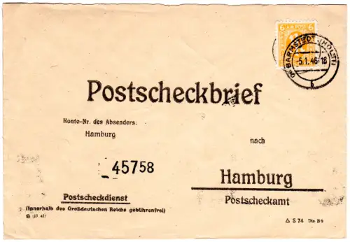 1946, 6 Pf. auf Postscheckbrief v. Bramstedt (Holst.)