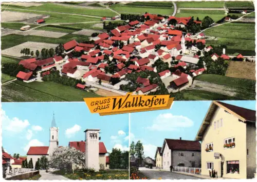 Gruss aus Wallkofen, Luftaufnahme, Geschäft u. Kirche, Mehrbild Farb-AK