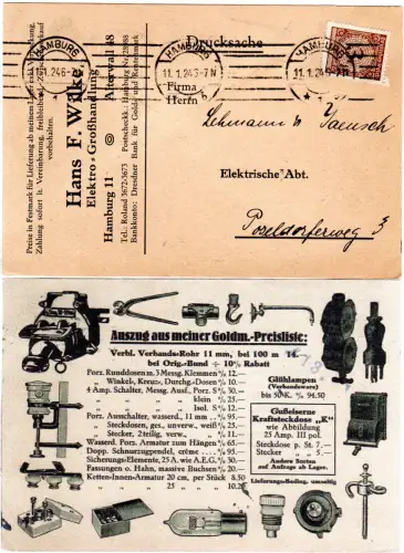 DR 1924, 3 Pf. auf Reklame Karte Elektro Großhandel Wilke Hamburg