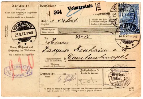 DR 1917, 2 Mk.+ rücks. 20 Pf. auf Paketkarte v. Volmarstein i.d. Türkei
