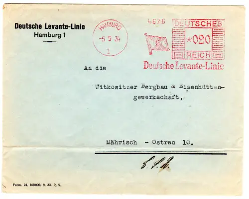 DR 1934, 20 Pf. AFSt. Deutsche Levante-Linie auf Brief v. Hamburg