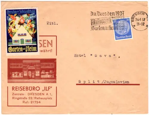DR 1937, 25 Pf. u. Ausstellungs-Vignette auf Brief v. Dresden n. Jugoslawien