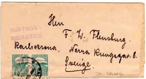 Estland 1920, Paar 25 S. auf kpl. Zeitungsschleife v. Tallinn n. Schweden