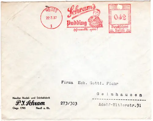 DR 1937, 42 Pf. AFSt. Schram´s Pudding auf Brief v. Neuss