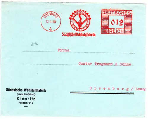 DR 1938, 12 Pf. AFS Sächs. Webstuhlfabrik Schönherr auf Firmenbrief v. Chemnitz