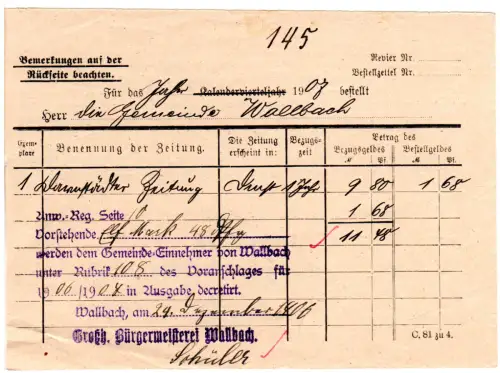 DR 1906, mehrzeiliger Stpl. der Bürgermeisterei Wallbach auf Zeitungsbestellung