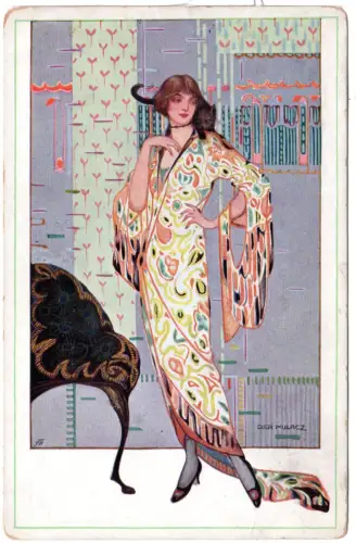Olga Mulacz, Dame Art Nouveau, Verlag M Munk Wien, ungebr. Künstler-AK