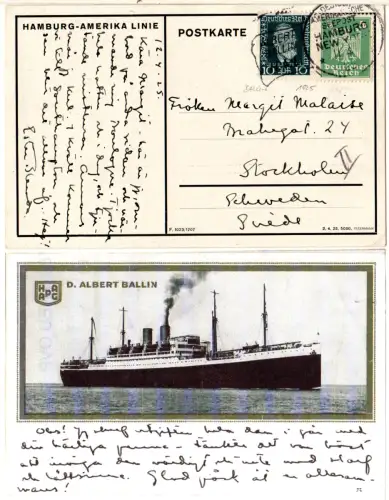 DR 1925, Deutsch-Amerikanische Seepost Hamburg New-York, Karte A. Ballin H.A.L.