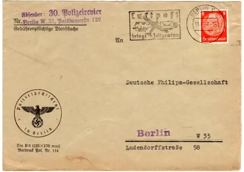 DR 1937, 8 Pf. m. POL Lochung auf Polizeipräsident Orts Brief v. Berlin