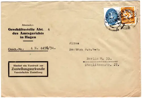 DR 1934, 4+50 Pf. Dienst Mischfrankatur auf Zustellungsurkunde Brief v. Hagen