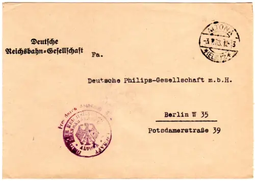 DR 1933, Frei durch Ablösung Eisenbahn Hauptamt, Brief v. Altona n. Berlin