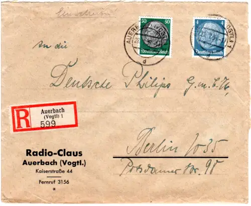 DR 1938, 4+50 Pf. auf Firmen Einschreiben Brief v. Auerbach n. Berlin
